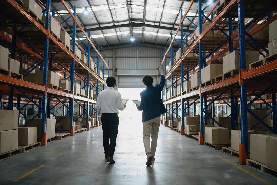 Two people seen from behind walking down a warehouse aisle between tall pallet racks, one with a clipboard and one pointing up at the racking