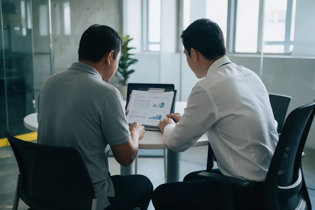 A business owner and a banker seen from behind at a round table, going through printed financial statements with charts