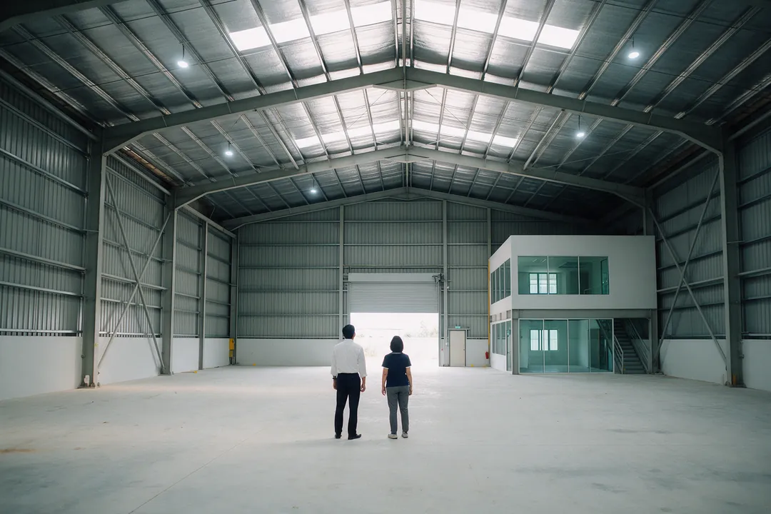 Two people standing in an empty new factory, looking up at the high steel roof, with an office block inside