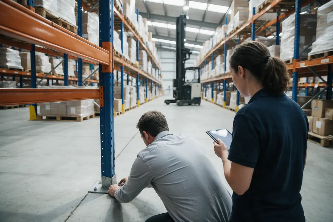 Two people seen from behind in a factory warehouse aisle, one crouching to look at the steel base plate of a pallet racking upright on the concrete floor, the other holding a tablet