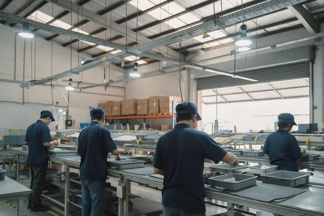 Workers in navy work shirts and caps at long benches, assembling small parts into grey trays in a bright factory hall