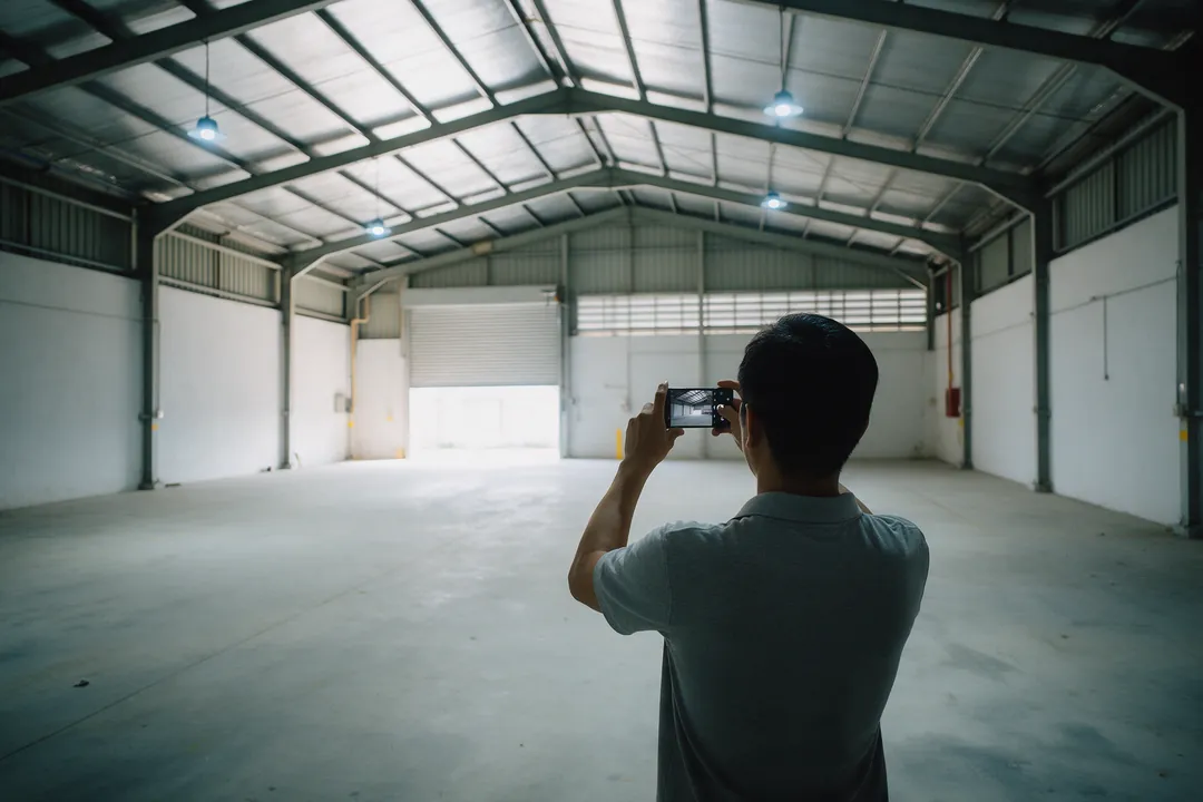 A man seen from behind holding up a phone to photograph an empty factory, with a roller shutter open at the far end