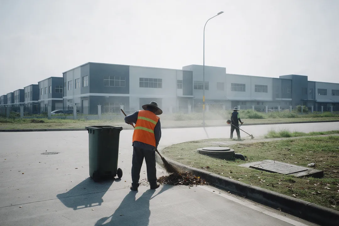 A park worker in a reflective vest sweeping leaves from a kerb into a wheeled bin while another cuts grass on the verge, with new factories behind