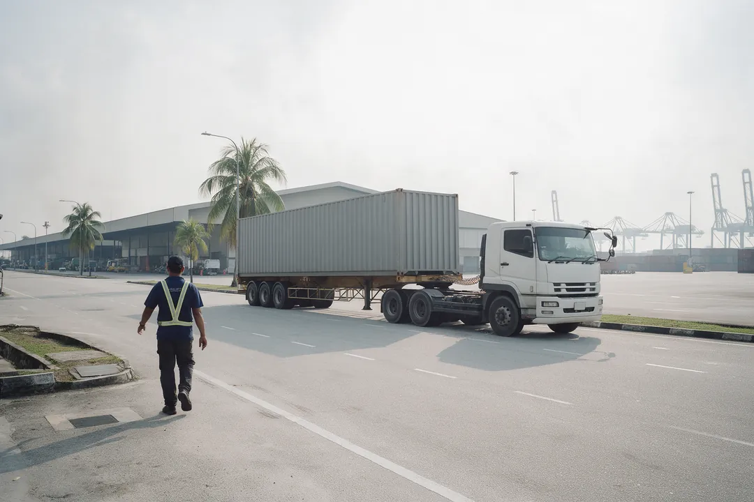 A prime mover hauls a plain shipping container past a long warehouse, with container cranes in the hazy distance and a worker in a safety vest walking away from the camera