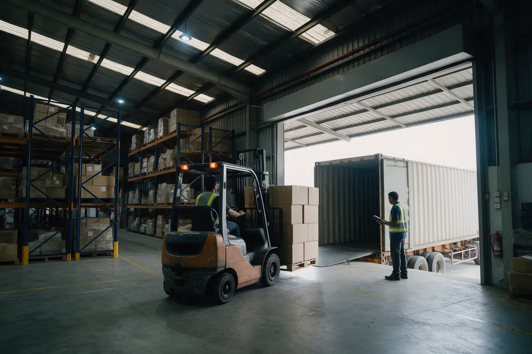 Inside a warehouse with steel racking, a forklift carries a stack of cartons on a pallet towards a container trailer backed up to the loading dock, while a worker in a safety vest checks a tablet beside it
