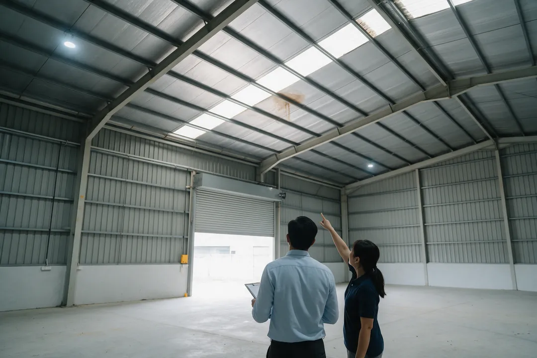 Two people inside an empty rented factory unit, seen from behind, one with a clipboard and the other pointing at a water stain on the underside of the metal roof