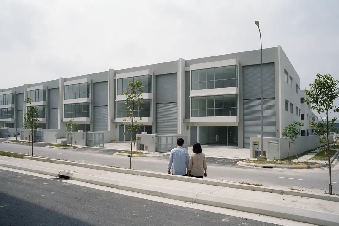 Two people walking past a row of new three-storey semi-detached factories with glazed office fronts and tall roller shutters