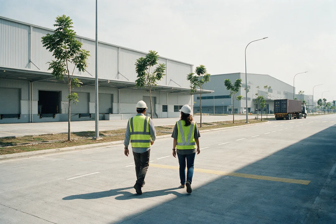 Two people in safety vests and hard hats seen from behind, walking along a wide road through an industrial park towards large detached factories with grey metal cladding