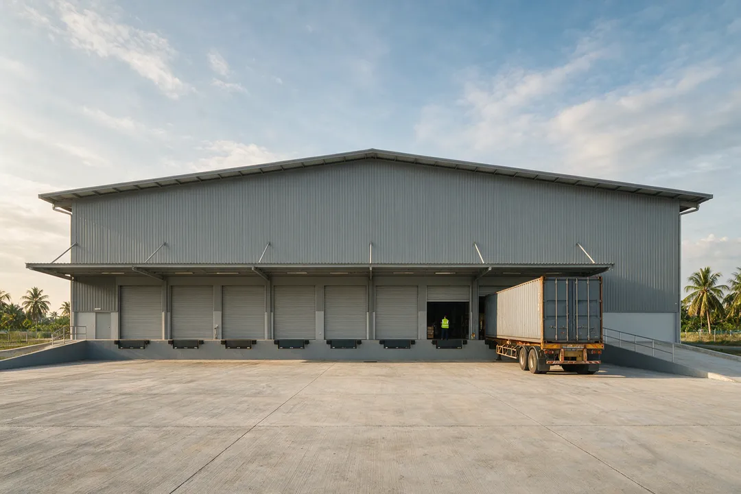 One person in a safety vest seen from behind at the open loading bay of a large single-storey warehouse with grey metal cladding, a row of roller shutters along a raised loading platform and a container trailer at one bay
