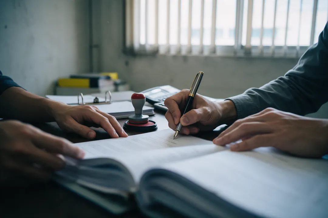 Hands signing a bound agreement at a desk, with a rubber stamp and an ink pad beside it