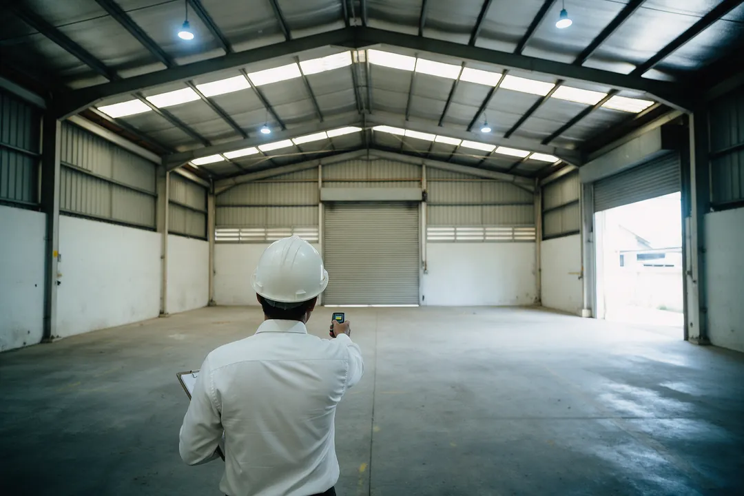 A valuer in a white safety helmet, seen from behind, aiming a laser distance meter down an empty factory floor