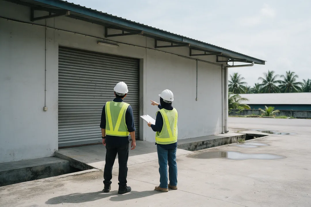 Two people in high-visibility vests and safety helmets on the concrete apron outside a factory unit, one holding a clipboard, with a drain along the foot of the wall