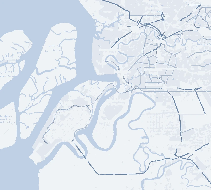 Map of the Port Klang area: Northport at North Port beside the Bandar Sultan Suleiman industrial area, Westports and the Port Klang Free Zone on Pulau Indah to the south-west with Pulau Indah Industrial Park and the Selangor Halal Hub between them, South Port by Pandamaran and Telok Gong south of Port Klang town, Klang town and Bukit Raja inland to the north-east, and Carey Island to the south