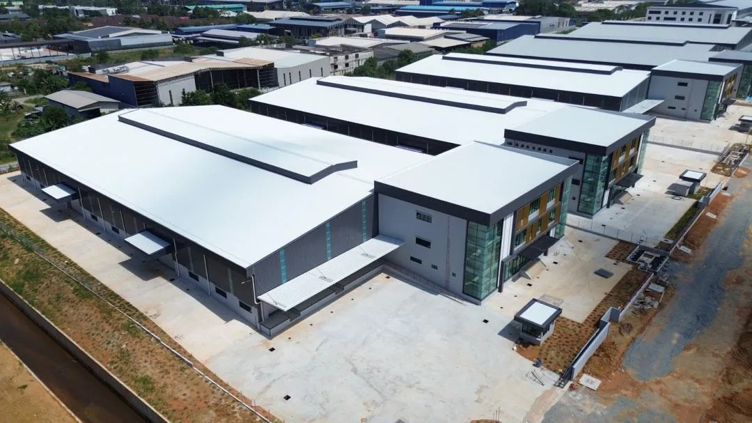 Row of newly completed detached factories in an industrial estate